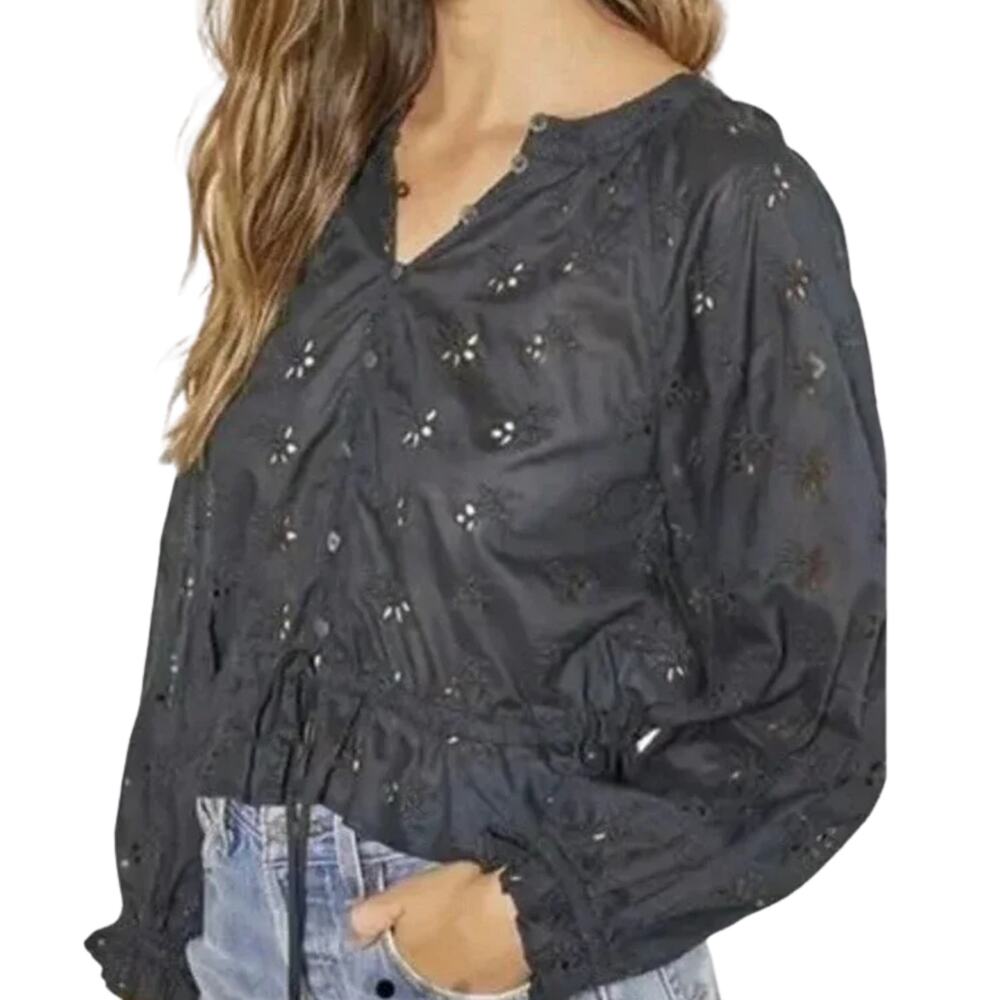 Outerknown Poet Blouse Black Eyelet | Size XS | NWT